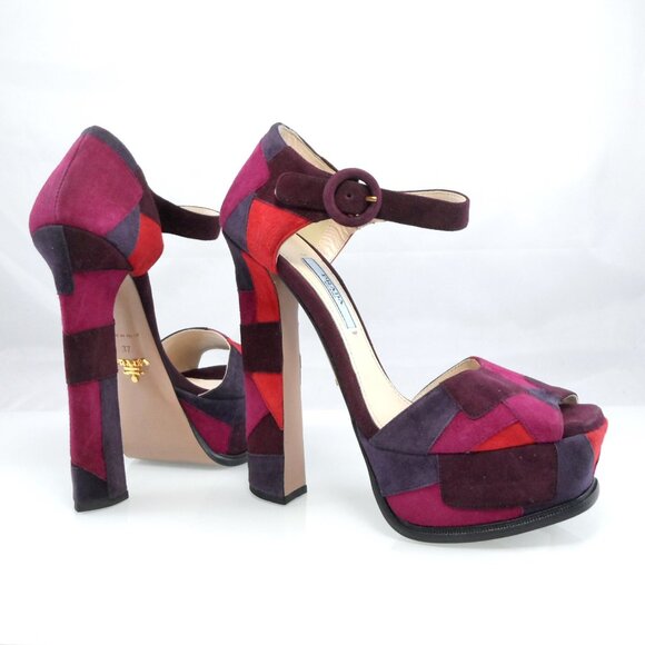 NIB$990 Collection Prada Patchwork d’Orsay Ankle Strap Platform Heels Vintage 37 - Picture 10 of 16